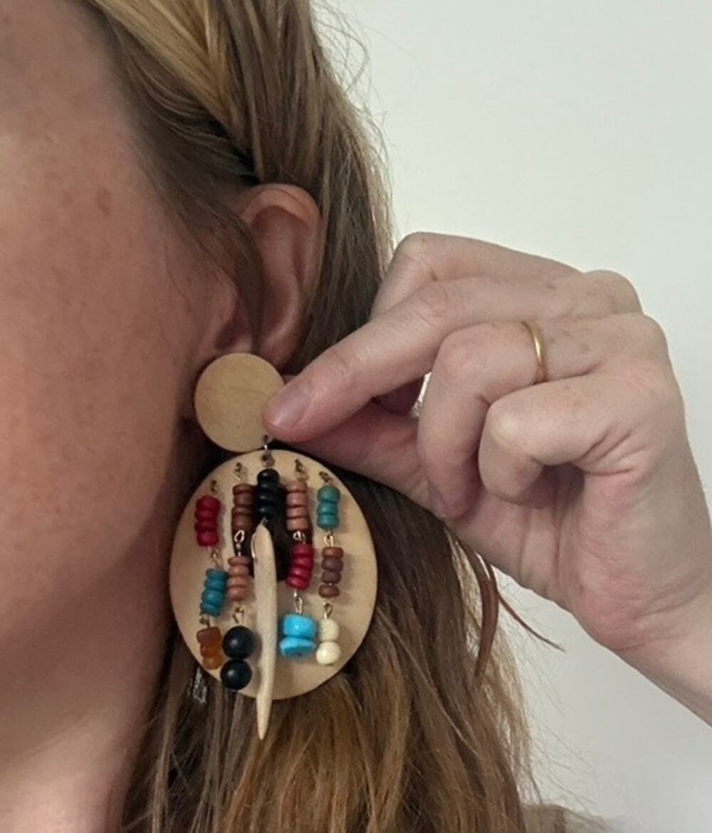 Boho Tribal Bone Disc Statement Earrings Beaded Fringe Turquoise